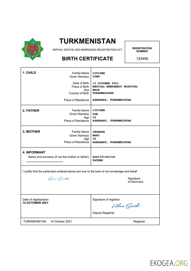 Acte d'état civil du Turkménistan, modèle Word et PDF